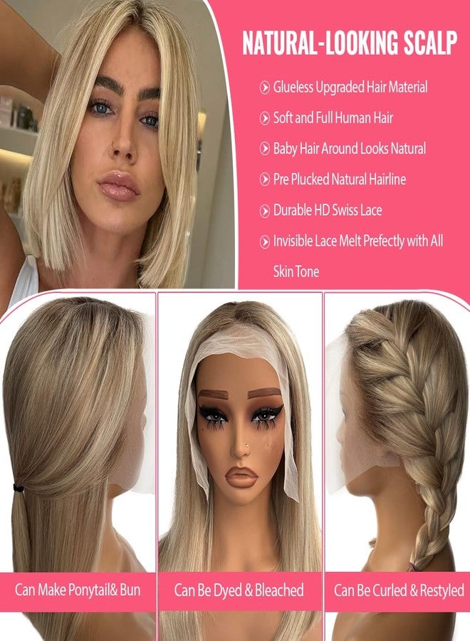 Smartinnov Balayage Blonde Bob Wig Human Hair 13x6 HD Transparent Lace Wigs 10 Inch Platimun Blonde Highlight Virgin Hair Middle Part 180% Density Pre Plucked Short Bob Wigs for Women Tiny Knots - Image 5